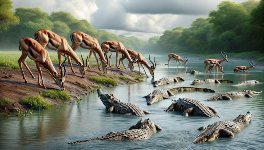 Antelopes cautiously drinking at a crocodile infested river 3