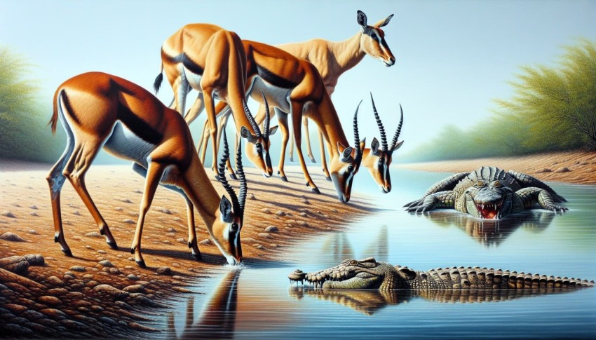 Antelopes cautiously drinking at a crocodile infested river 4