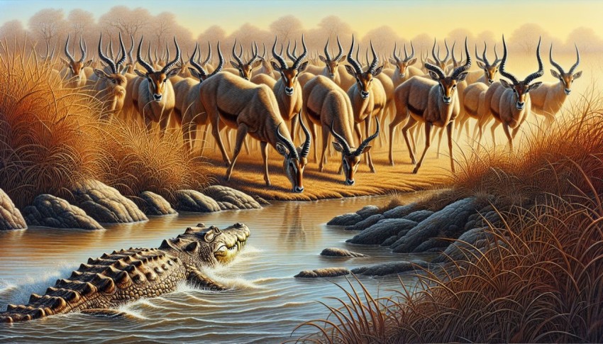 Antelopes cautiously drinking at a crocodile infested river 5