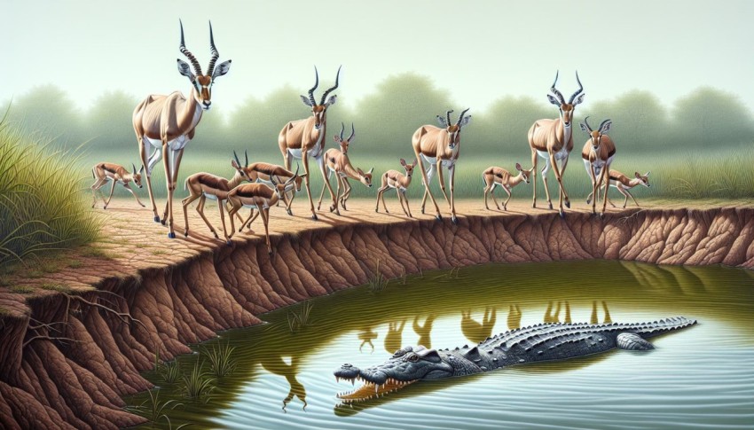 Antelopes cautiously drinking at a crocodile infested river 6