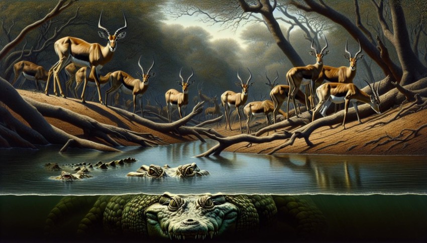 Antelopes cautiously drinking at a crocodile infested river 7