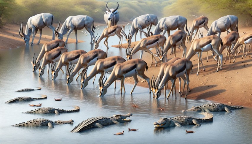 Antelopes cautiously drinking at a crocodile infested river 8