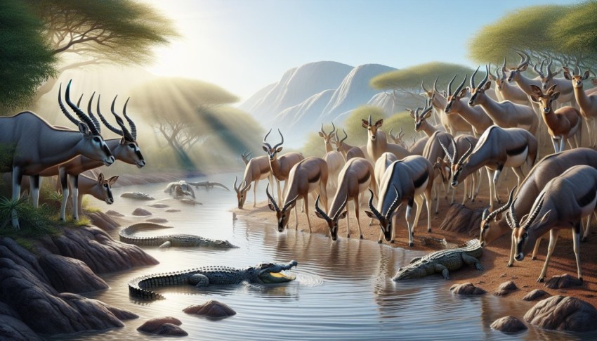 Antelopes cautiously drinking at a crocodile infested river 10