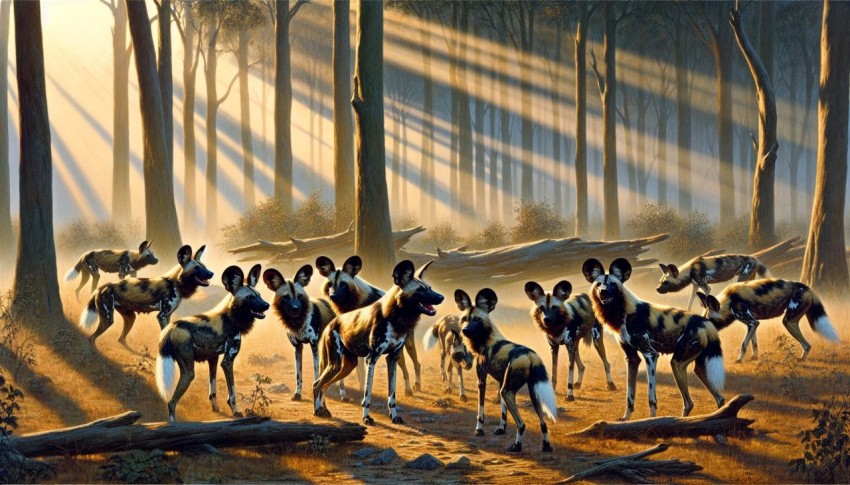 A pack of wild dogs coordinating a hunt in the early morning light 3