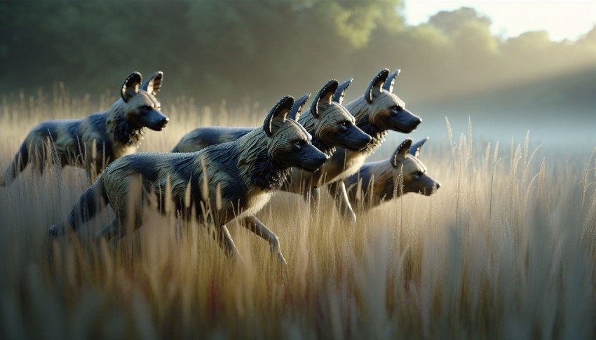 A pack of wild dogs coordinating a hunt in the early morning light 5