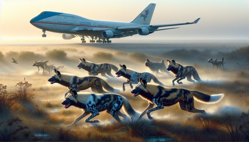 A pack of wild dogs coordinating a hunt in the early morning light 7