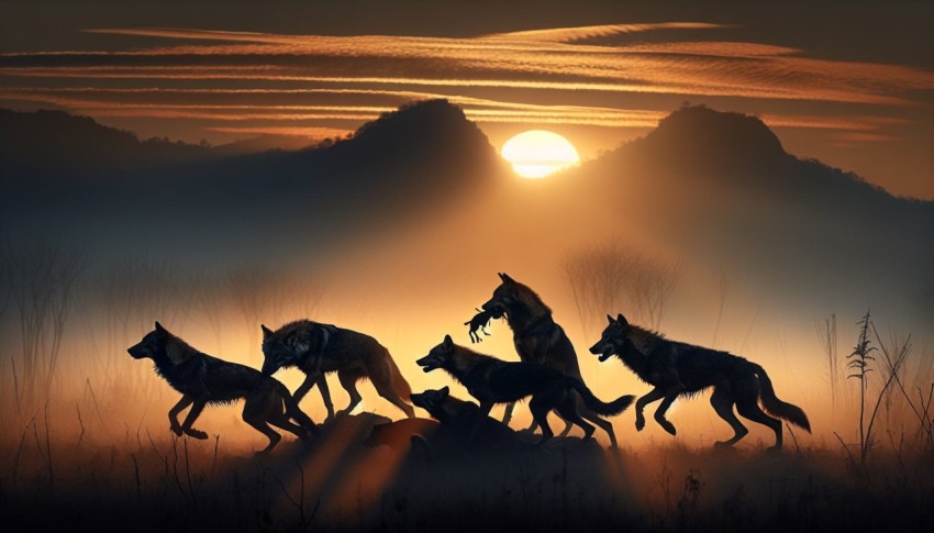 A pack of wild dogs coordinating a hunt in the early morning light 8