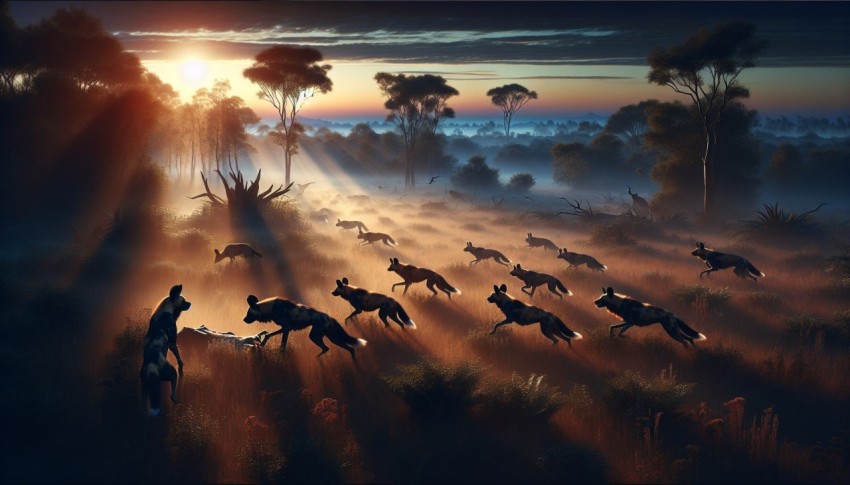 A pack of wild dogs coordinating a hunt in the early morning light 9