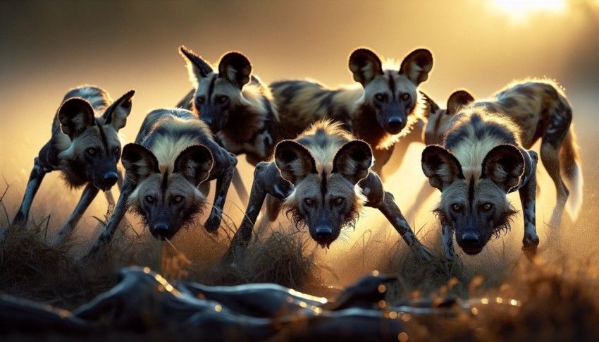 A pack of wild dogs coordinating a hunt in the early morning light 12