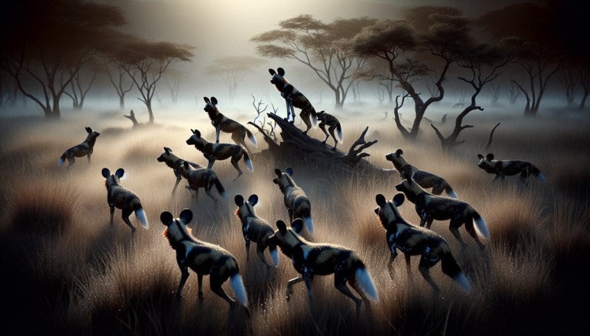 A pack of wild dogs coordinating a hunt in the early morning light 14