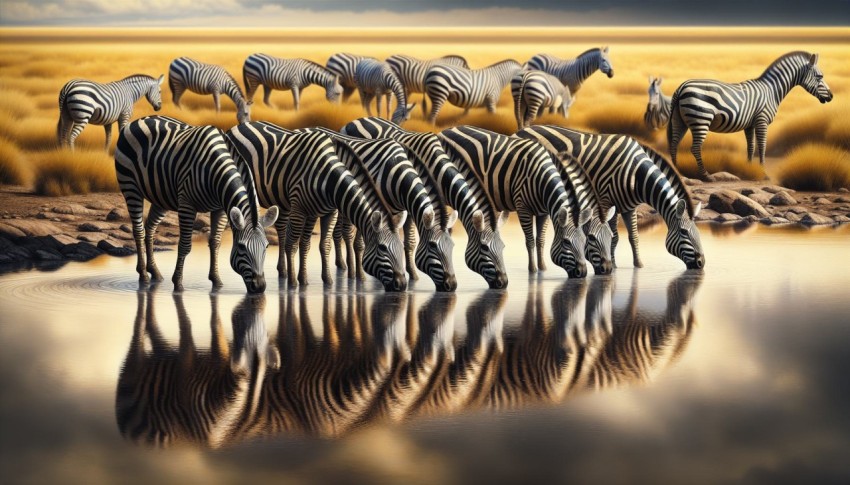 Zebras quenching their thirst while keeping an eye out for predators 1