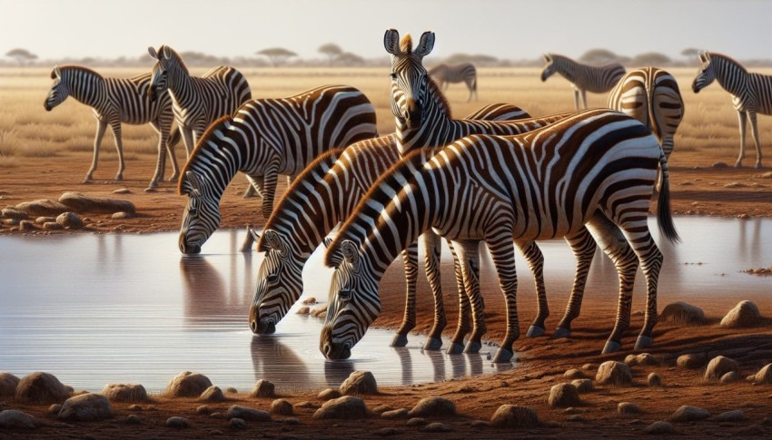 Zebras quenching their thirst while keeping an eye out for predators 5