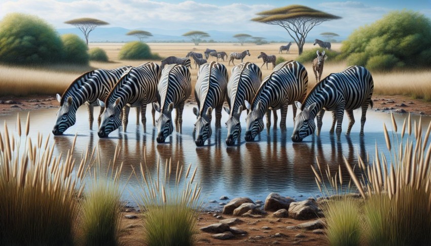 Zebras quenching their thirst while keeping an eye out for predators 6