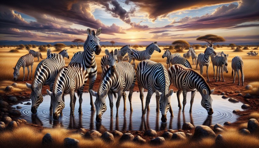 Zebras quenching their thirst while keeping an eye out for predators 9