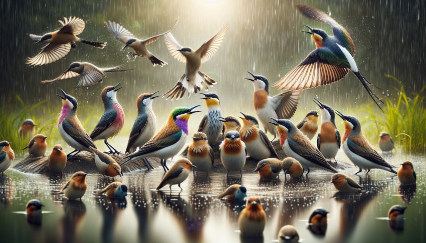 Migratory birds resting at a watering hole blessed with rain 5