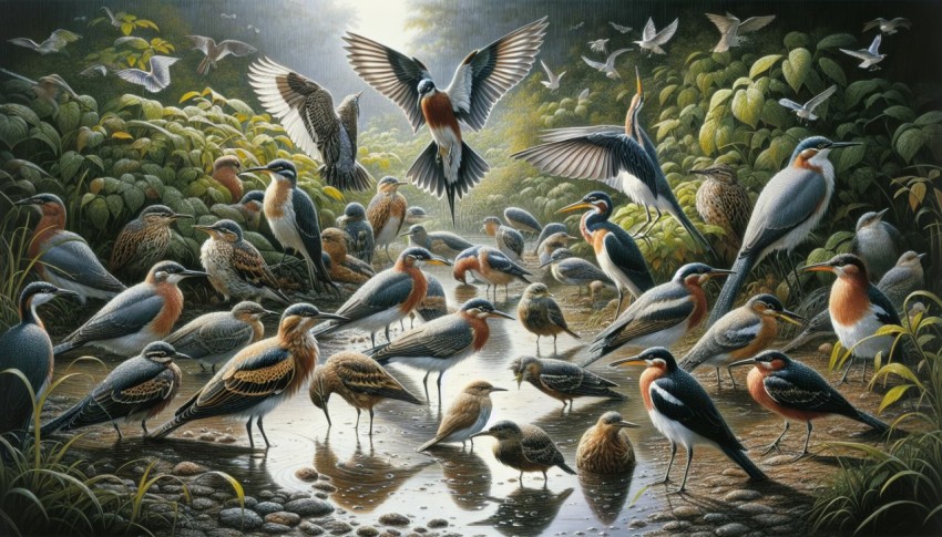 Migratory birds resting at a watering hole blessed with rain 6