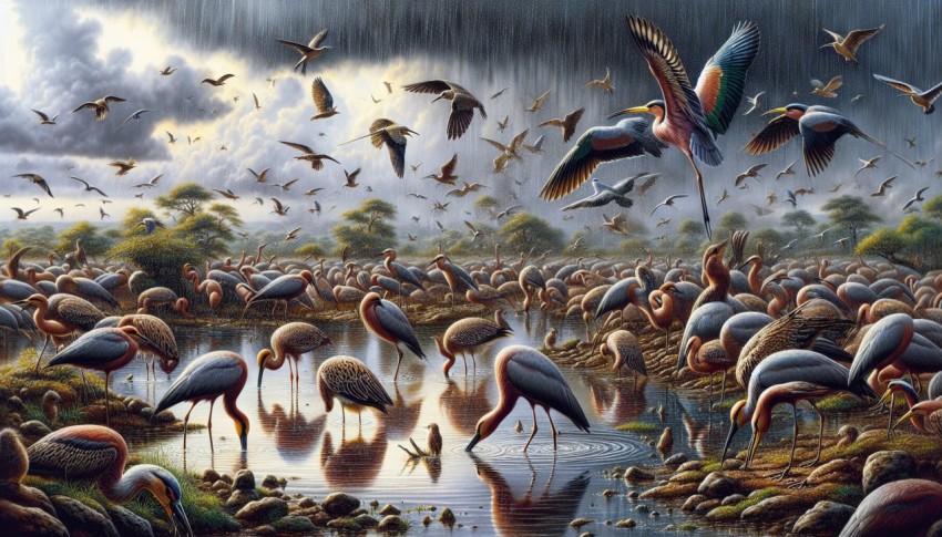 Migratory birds resting at a watering hole blessed with rain 8