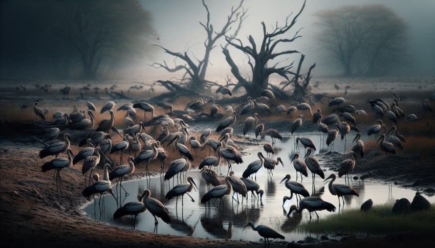 Migratory birds resting at a watering hole blessed with rain 12
