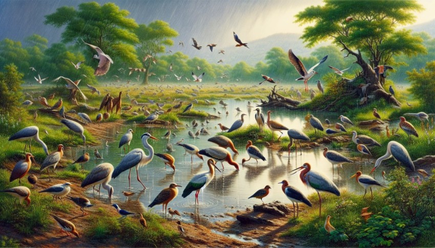 Migratory birds resting at a watering hole blessed with rain 13