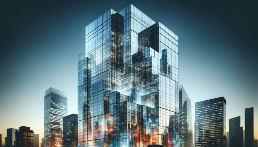 Capture the modern essence of a skyscraper's glass facade 6