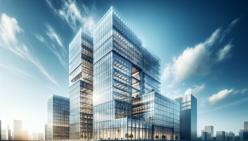 Capture the modern essence of a skyscraper's glass facade 7