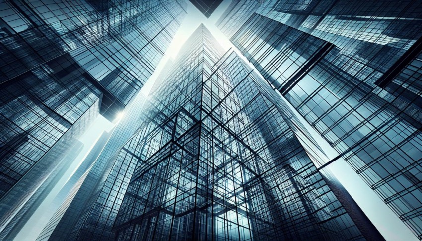 Capture the modern essence of a skyscraper's glass facade 9