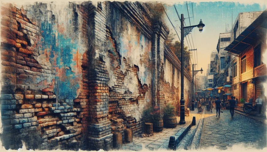 Capture the rough texture of an old brick wall in an urban setting 7