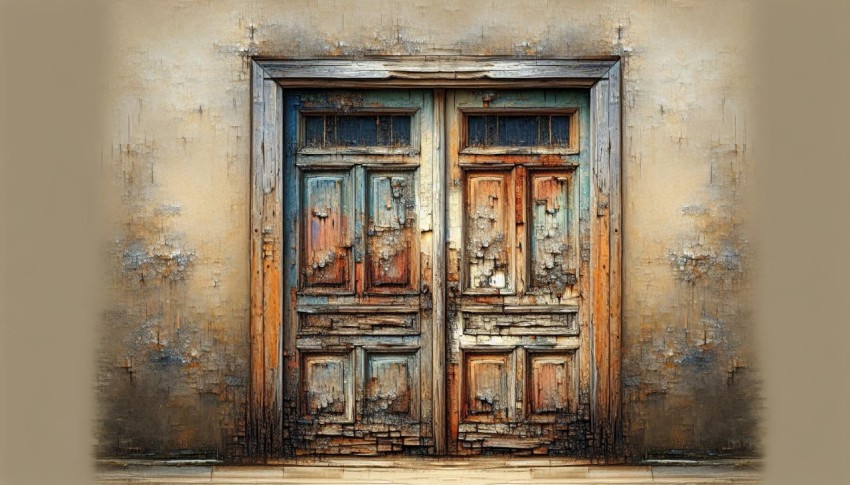 Take a picture of peeling paint on a weathered wooden door 1