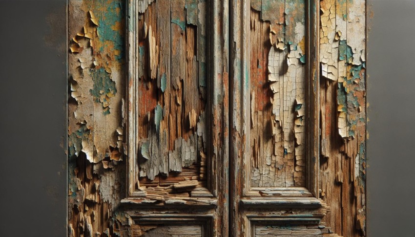 Take a picture of peeling paint on a weathered wooden door 2