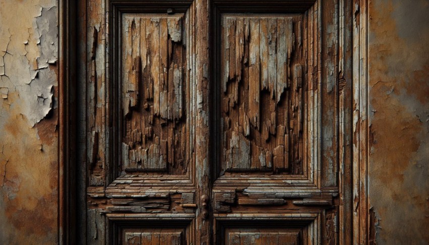 Take a picture of peeling paint on a weathered wooden door 3