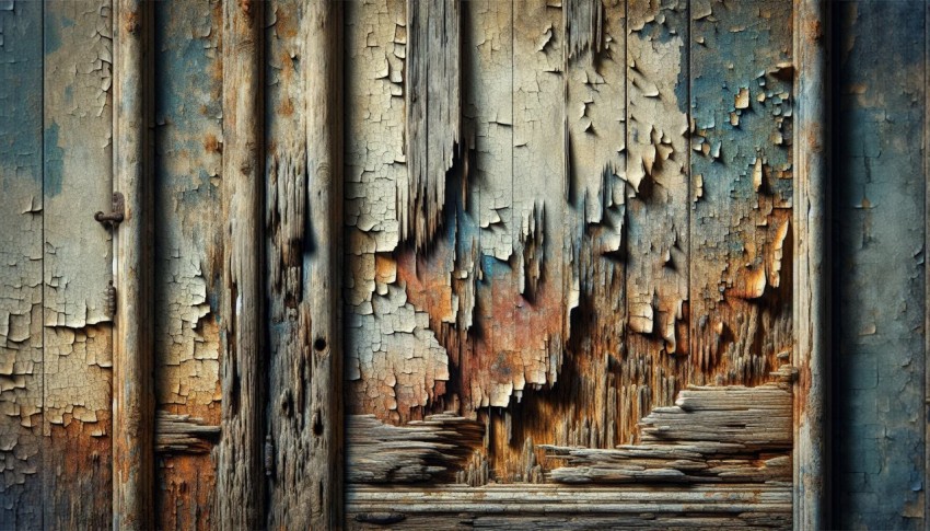 Take a picture of peeling paint on a weathered wooden door 4