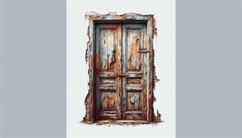 Take a picture of peeling paint on a weathered wooden door 5