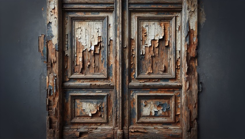 Take a picture of peeling paint on a weathered wooden door 8