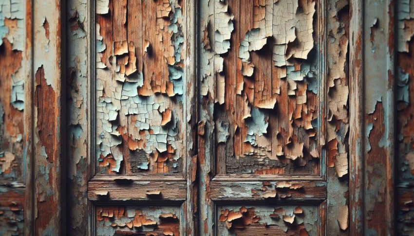 Take a picture of peeling paint on a weathered wooden door 9