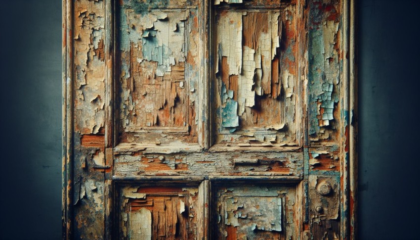 Take a picture of peeling paint on a weathered wooden door 10