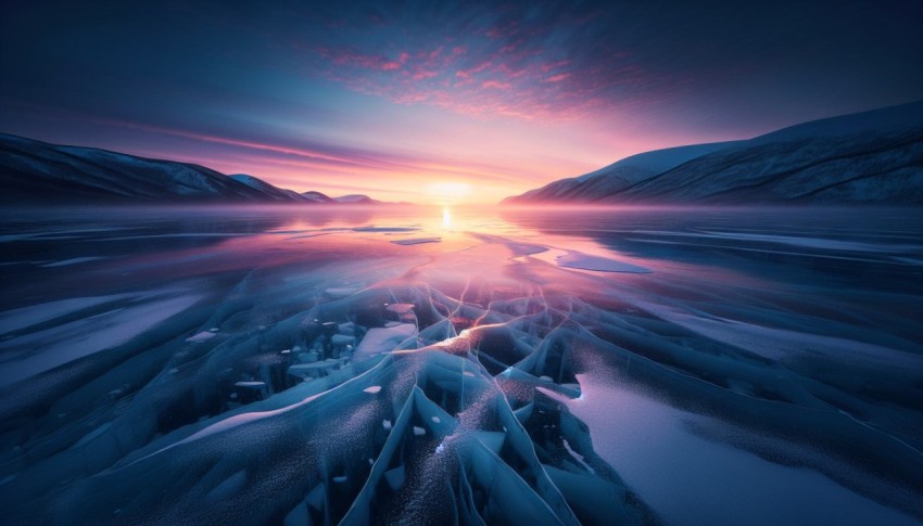 Capture the smooth surface of a frozen lake at dawn 1