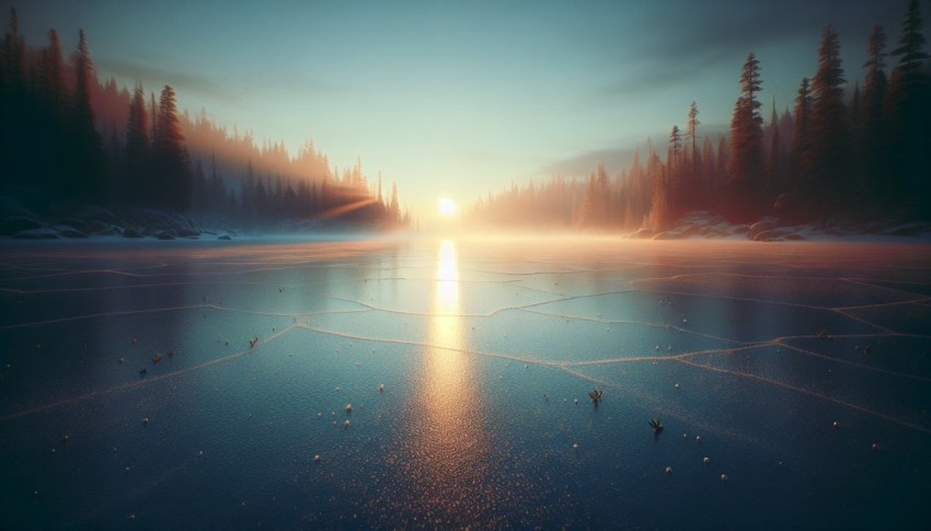 Capture the smooth surface of a frozen lake at dawn 2