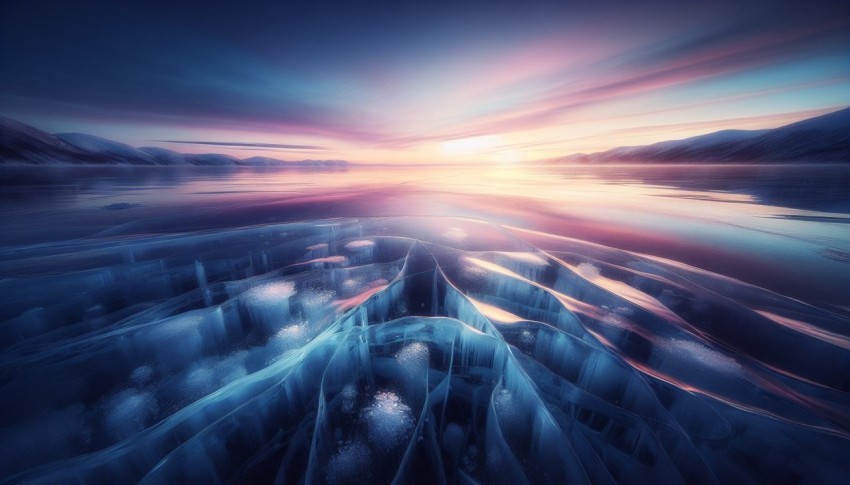 Capture the smooth surface of a frozen lake at dawn 3