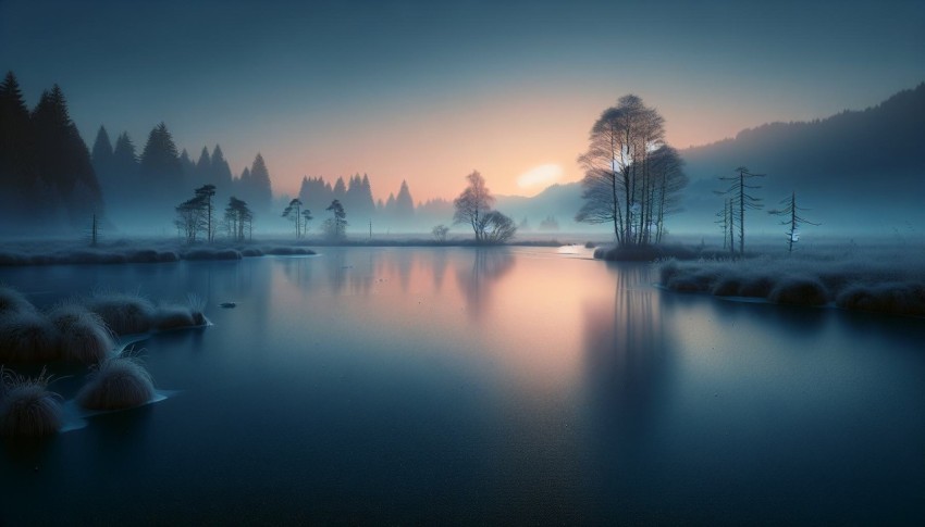 Capture the smooth surface of a frozen lake at dawn 4