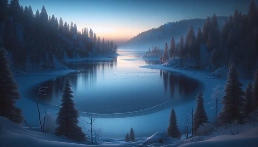 Capture the smooth surface of a frozen lake at dawn 5