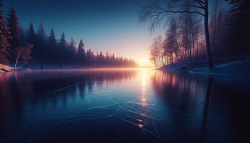 Capture the smooth surface of a frozen lake at dawn 7