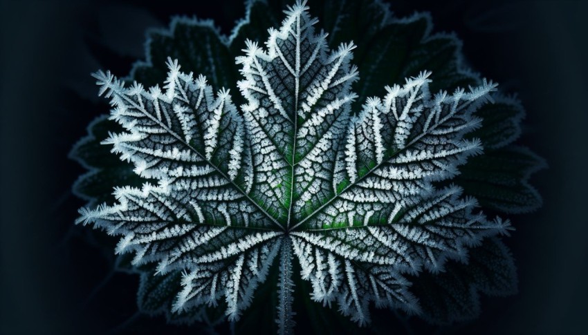 Capture the detail and symmetry of frost patterns on a leaf 1