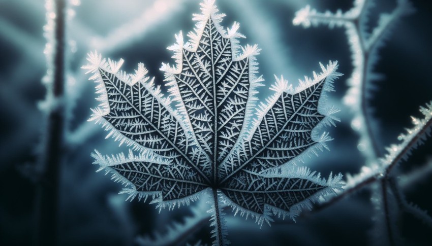 Capture the detail and symmetry of frost patterns on a leaf 2
