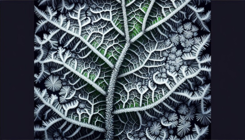 Capture the detail and symmetry of frost patterns on a leaf 3