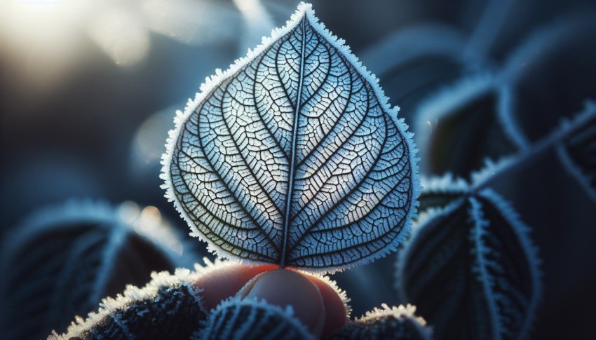 Capture the detail and symmetry of frost patterns on a leaf 7