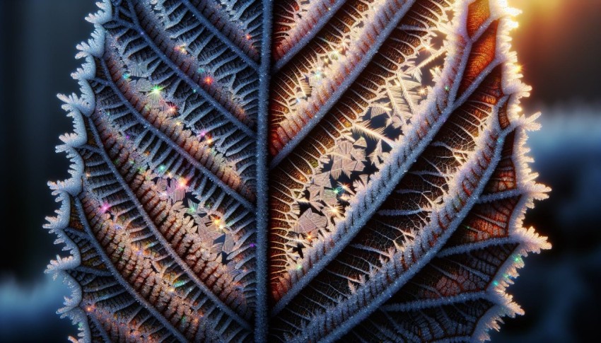 Capture the detail and symmetry of frost patterns on a leaf 8