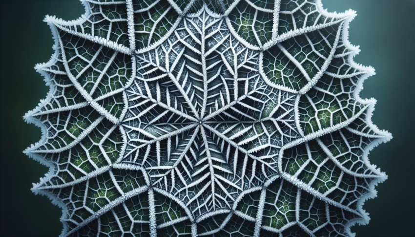 Capture the detail and symmetry of frost patterns on a leaf 9