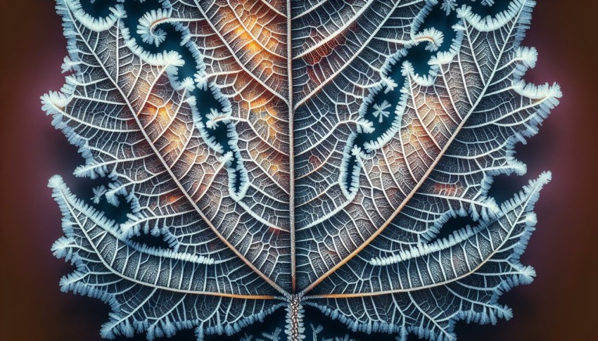 Capture the detail and symmetry of frost patterns on a leaf 10