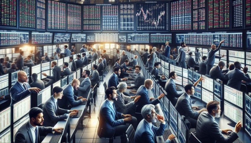 Photograph a bustling stock exchange trading floor 1