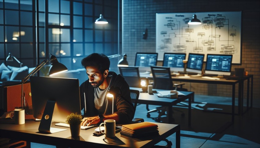 Take a photo of an entrepreneur working late in a start up office 2